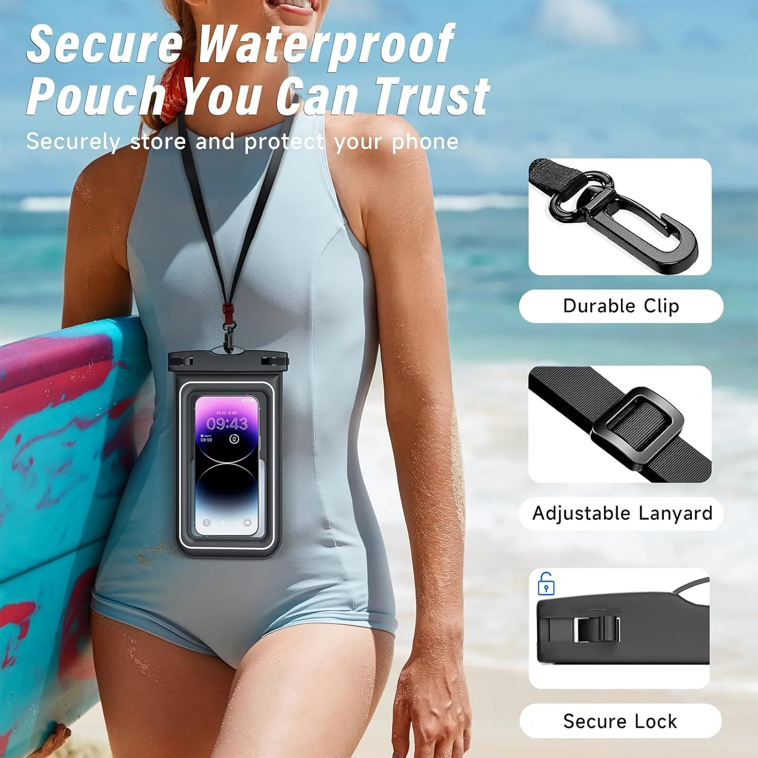 Waterproof Phone Pouch - 2 Pack IP68 Floating Waterproof Phone Case, Dry Bag Beach Cruise Essentials with Adjustable Lanyard for iPhone 16 Pro Max / 15 Pro / Galaxy S24 S23 (Black and Black)