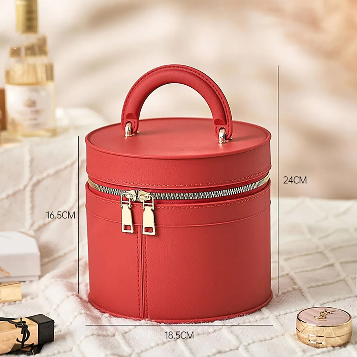 Waterproof Travel TPE Makeup Bag – Large Capacity Cosmetic Organizer with Handle, Red Round Toiletry Bag for Women’s Skincare & Beauty Essentials