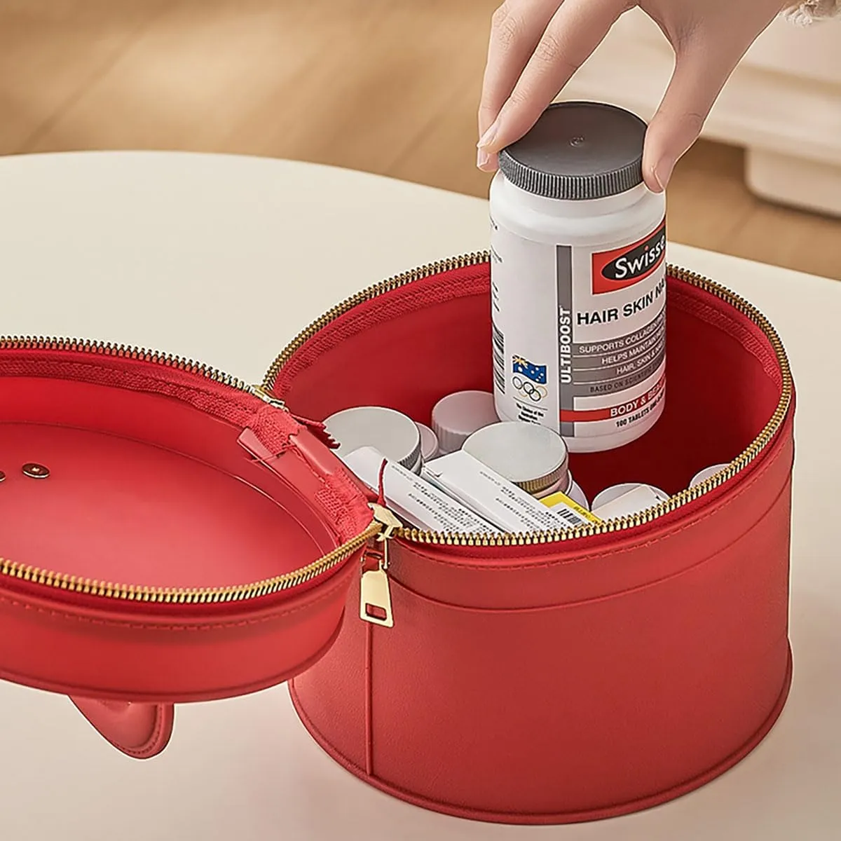 Waterproof Travel TPE Makeup Bag – Large Capacity Cosmetic Organizer with Handle, Red Round Toiletry Bag for Women’s Skincare & Beauty Essentials