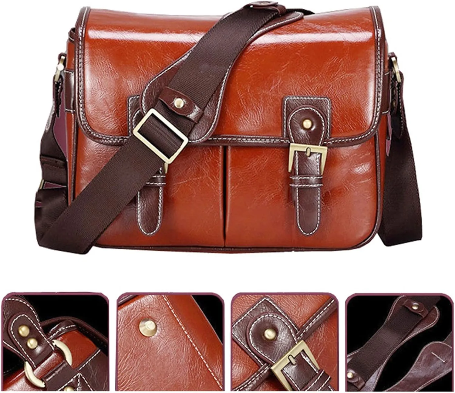 WINVOX Camera Cases Photo Camera Fashion Vintage PU Leather Handbag Waterproof Shoulder Messenger SLR Bag(Reddish Brown L)