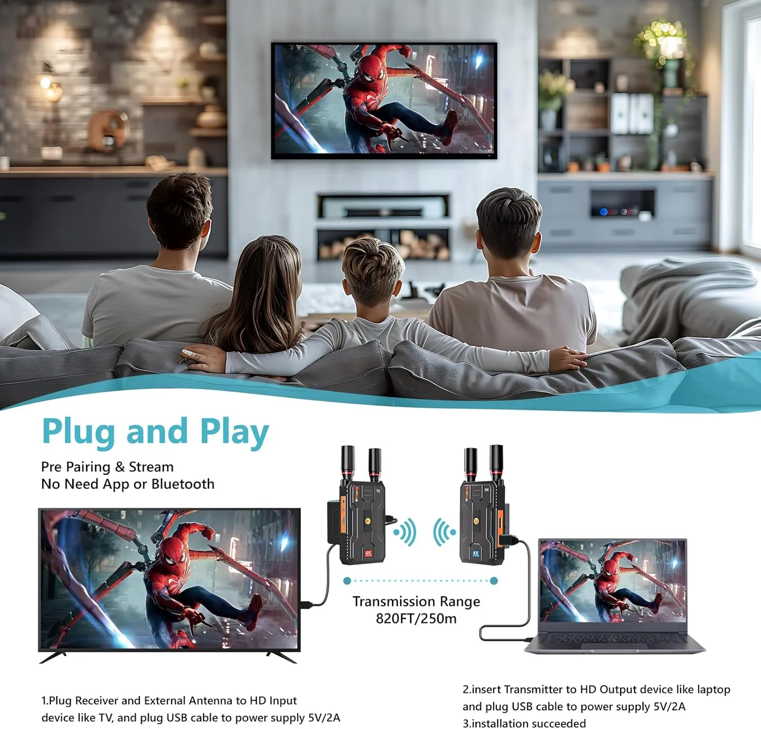 Wireless HDMI Transmitter and Receiver 4K: Plug&Play HDMI Wireless Extender Kit, 5G 820FT HDMI Sender and Receiver with Loopout for Streaming Video and Audio to Monitor from Laptop/PC, Audio Interface