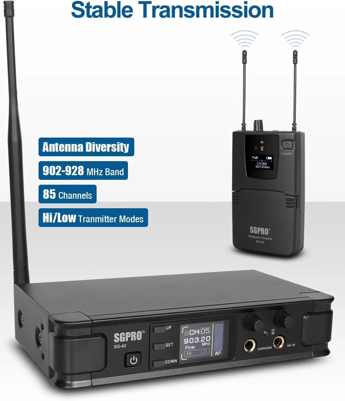 Wireless in-Ear Monitor System, IEM System Mono with Metal Transmitter, Bodypack Receiver Monitor Earphones, 85 Adjustable Frequencies 262ft Operation for Bands, Studio & Events