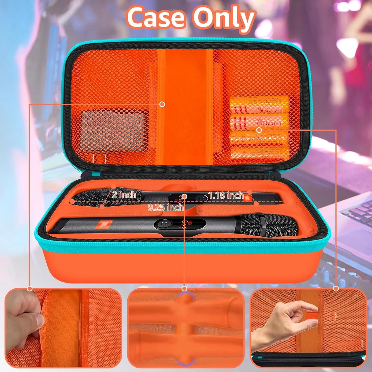 Wireless Microphone Case Compatible with J-B-L Wireless Two Microphone System, Portable Handheld Dual Mic Travel Storage Bag for Singing or Karaoke for Receivers, Adapters, AA Batteries - Orange