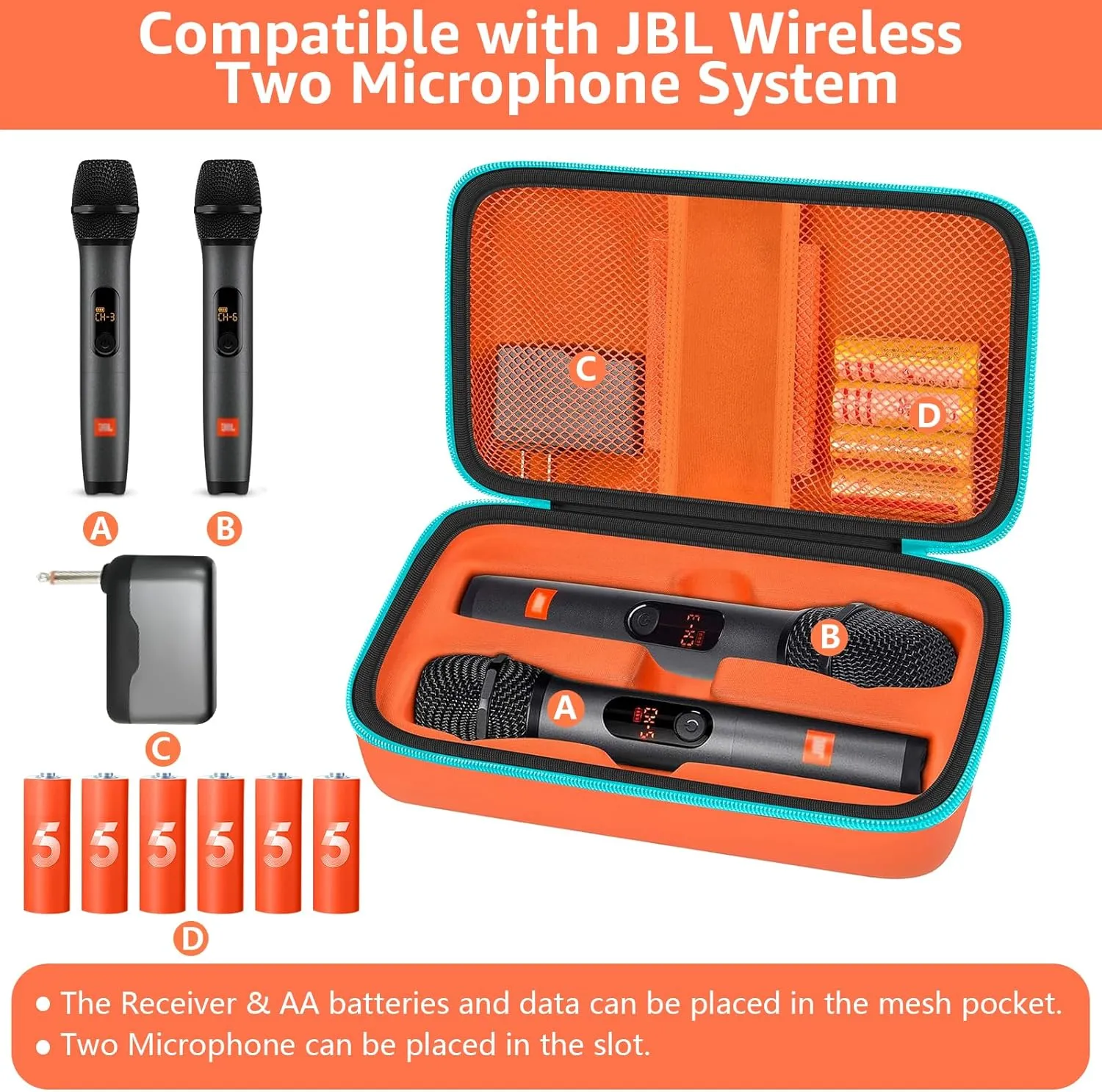 Wireless Microphone Case Compatible with J-B-L Wireless Two Microphone System, Portable Handheld Dual Mic Travel Storage Bag for Singing or Karaoke for Receivers, Adapters, AA Batteries - Orange