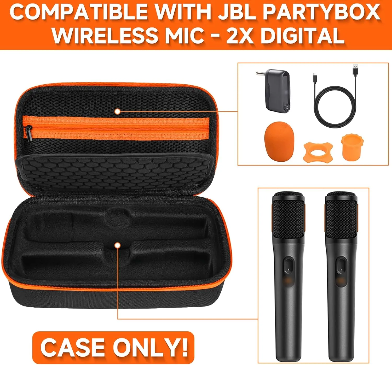 Wireless Microphone Case Compatible with JBL PartyBox Wireless Mic - 2X Digital Wireless Microphones,Protable Mic Travel Bag Storage Box for Receivers,Adapters,AA Batteries,Charger,Black (Box Only)