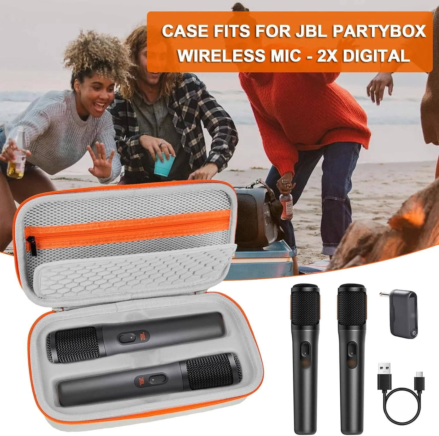 Wireless Microphone Case Compatible with JBL PartyBox Wireless Mic - 2X Digital Wireless Microphones,Protable Mic Travel Bag Storage Box for Receivers,Adapters,AA Batteries,Charger,Grey(Box Only)