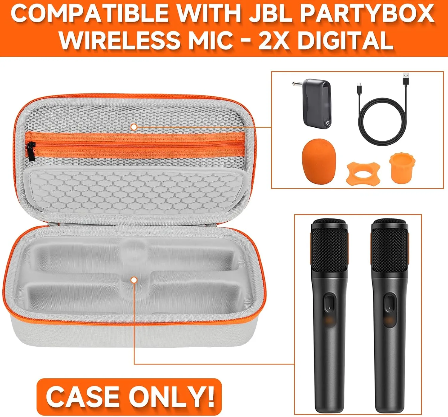 Wireless Microphone Case Compatible with JBL PartyBox Wireless Mic - 2X Digital Wireless Microphones,Protable Mic Travel Bag Storage Box for Receivers,Adapters,AA Batteries,Charger,Grey(Box Only)