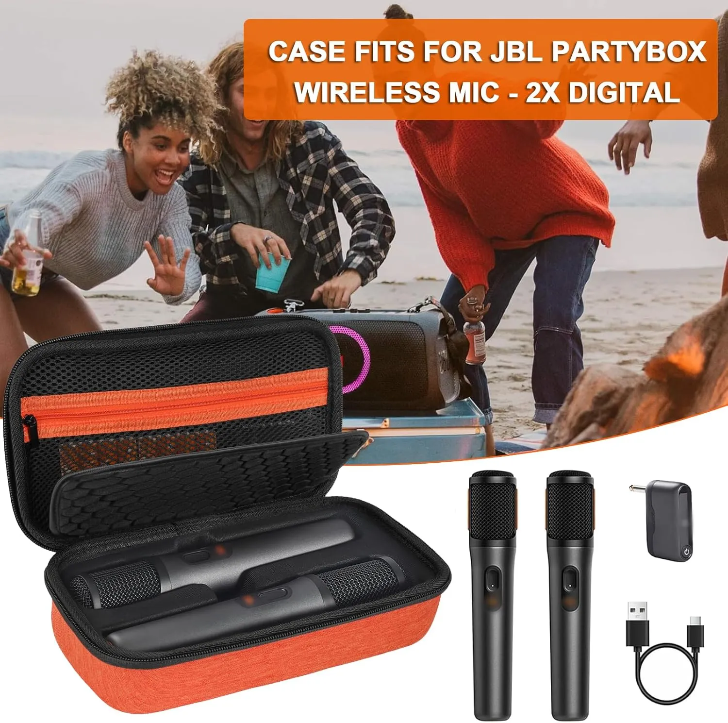 Wireless Microphone Case Compatible with JBL PartyBox Wireless Mic - 2X Digital Wireless Microphones,Protable Mic Travel Bag Storage Box for Receivers,Adapters,AA Batteries,Charger,Orange(Box Only)