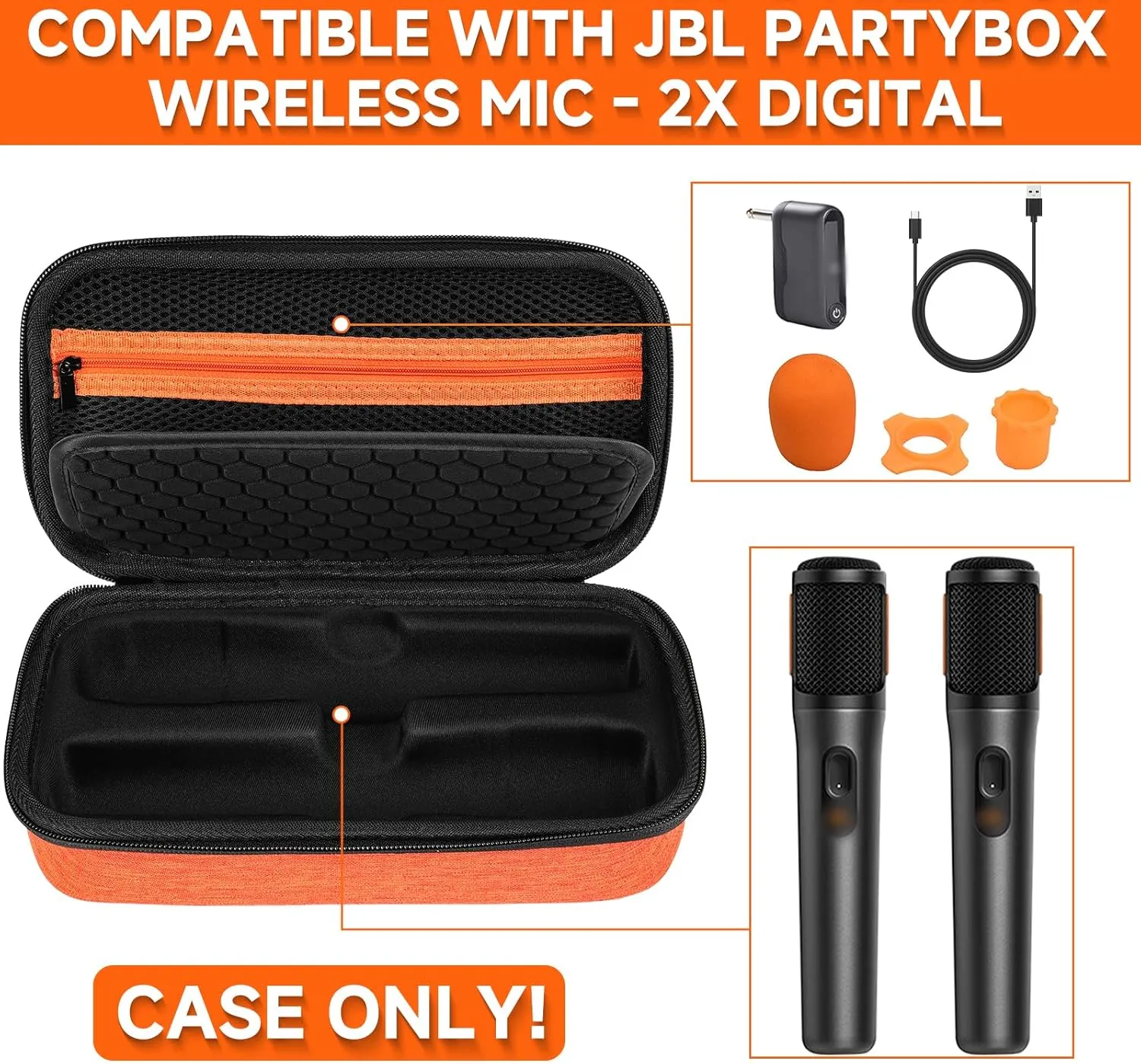 Wireless Microphone Case Compatible with JBL PartyBox Wireless Mic - 2X Digital Wireless Microphones,Protable Mic Travel Bag Storage Box for Receivers,Adapters,AA Batteries,Charger,Orange(Box Only)