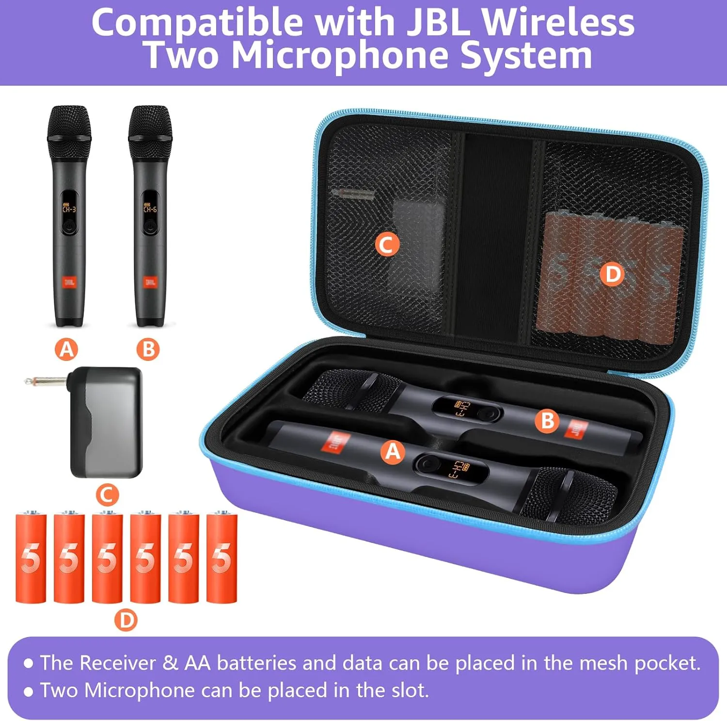 Wireless Microphone Case Compatible with JBL Wireless Two Microphone System, Portable Handheld Dual Mic Travel Storage Bag for Singing or Karaoke for Receivers, Adapters, AA Batteries - Purple