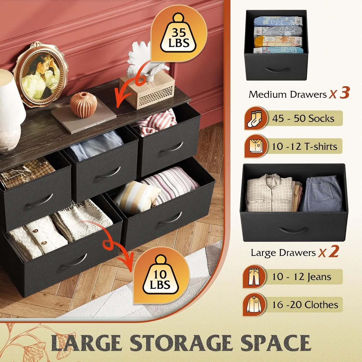 WLIVE Dresser for Bedroom with 5 Drawers, Wide Chest of Drawers, Fabric Dresser, Storage Organizer Unit with Fabric Bins for Closet, Living Room, Hallway, Charcoal Black