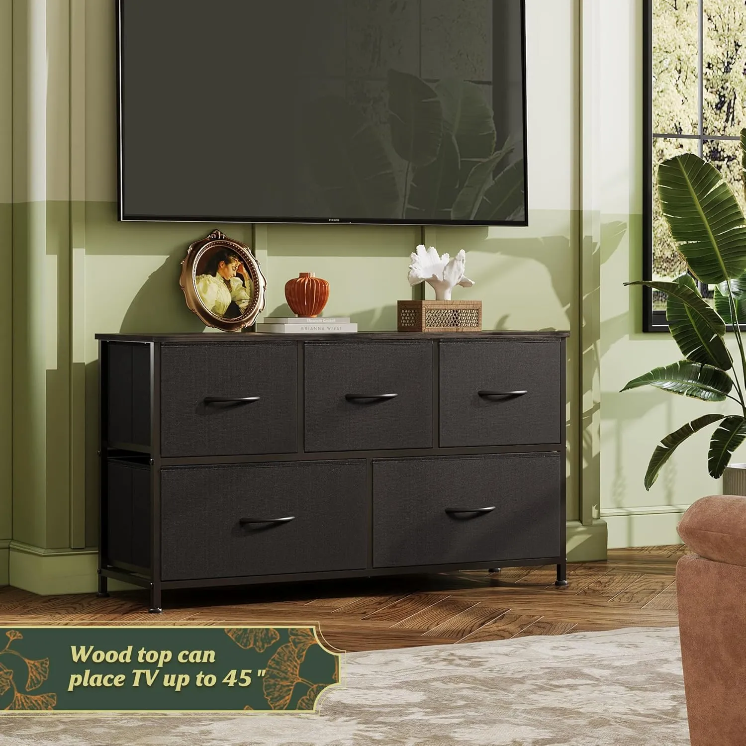 WLIVE Dresser for Bedroom with 5 Drawers, Wide Chest of Drawers, Fabric Dresser, Storage Organizer Unit with Fabric Bins for Closet, Living Room, Hallway, Charcoal Black