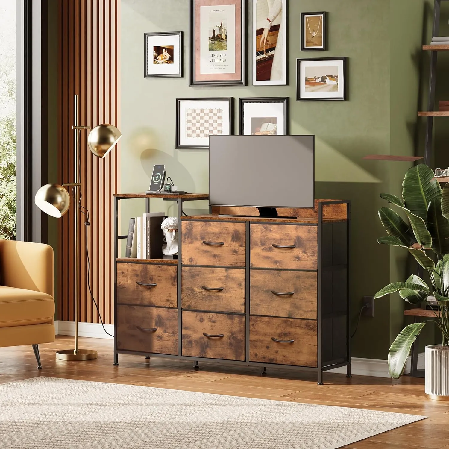 WLIVE Dresser TV Stand for Bedroom with Charging Station, Wide Storage Chest of Drawers with 8 Large Fabric Drawers and Open Shelves, Storage Organizer Unit for Closet, Living Room, Rustic Brown