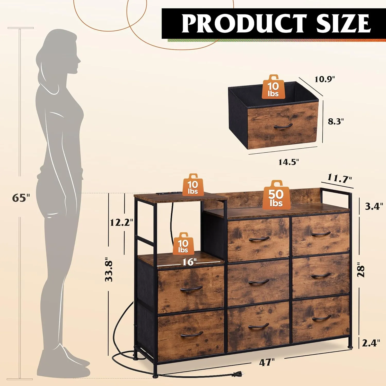 WLIVE Dresser TV Stand for Bedroom with Charging Station, Wide Storage Chest of Drawers with 8 Large Fabric Drawers and Open Shelves, Storage Organizer Unit for Closet, Living Room, Rustic Brown