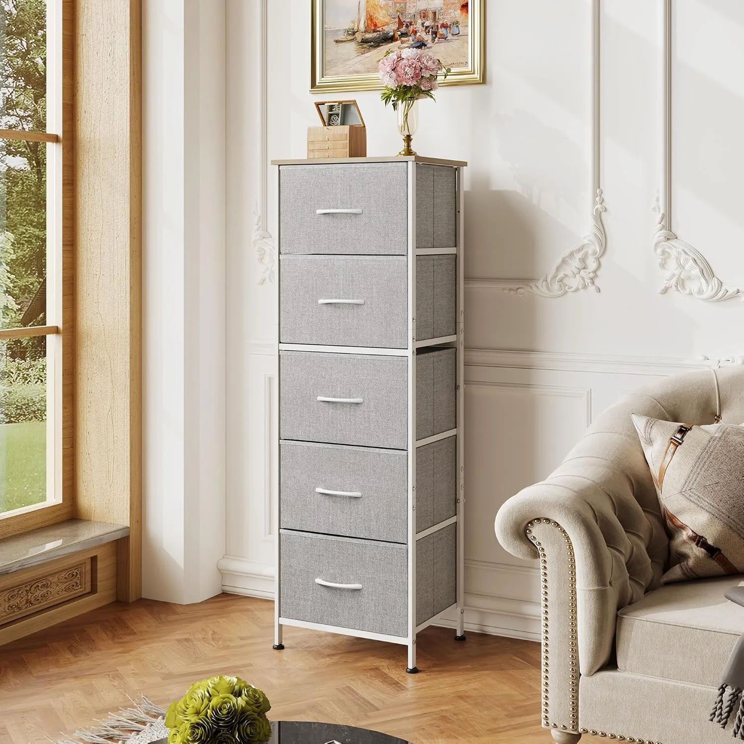 WLIVE Fabric Dresser, 5-Drawer Tall Dresser for Bedroom, Storage Dresser Organizer with Fabric Bins, Wood Top, Sturdy Steel Frame, Chest of Drawers for Closet, Hallway, Light Grey