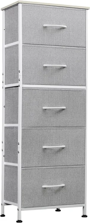 WLIVE Fabric Dresser, 5-Drawer Tall Dresser for Bedroom, Storage Dresser Organizer with Fabric Bins, Wood Top, Sturdy Steel Frame, Chest of Drawers for Closet, Hallway, Light Grey