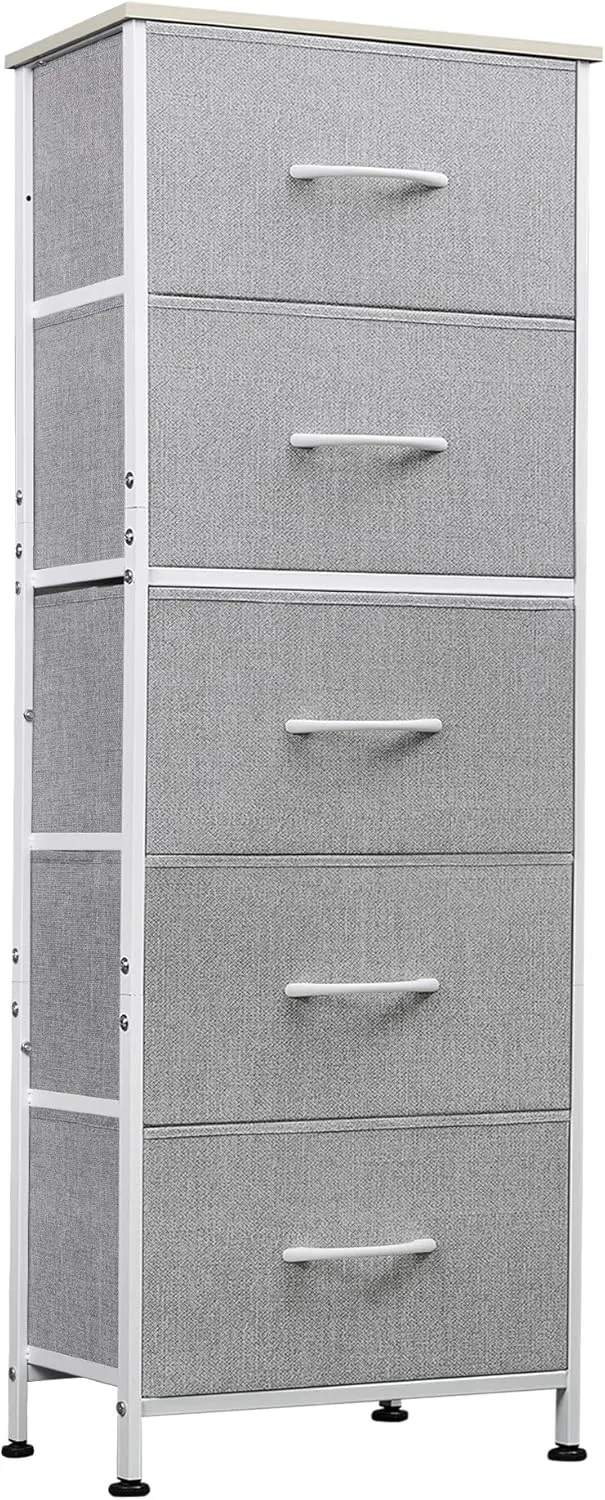 WLIVE Fabric Dresser, 5-Drawer Tall Dresser for Bedroom, Storage Dresser Organizer with Fabric Bins, Wood Top, Sturdy Steel Frame, Chest of Drawers for Closet, Hallway, Light Grey