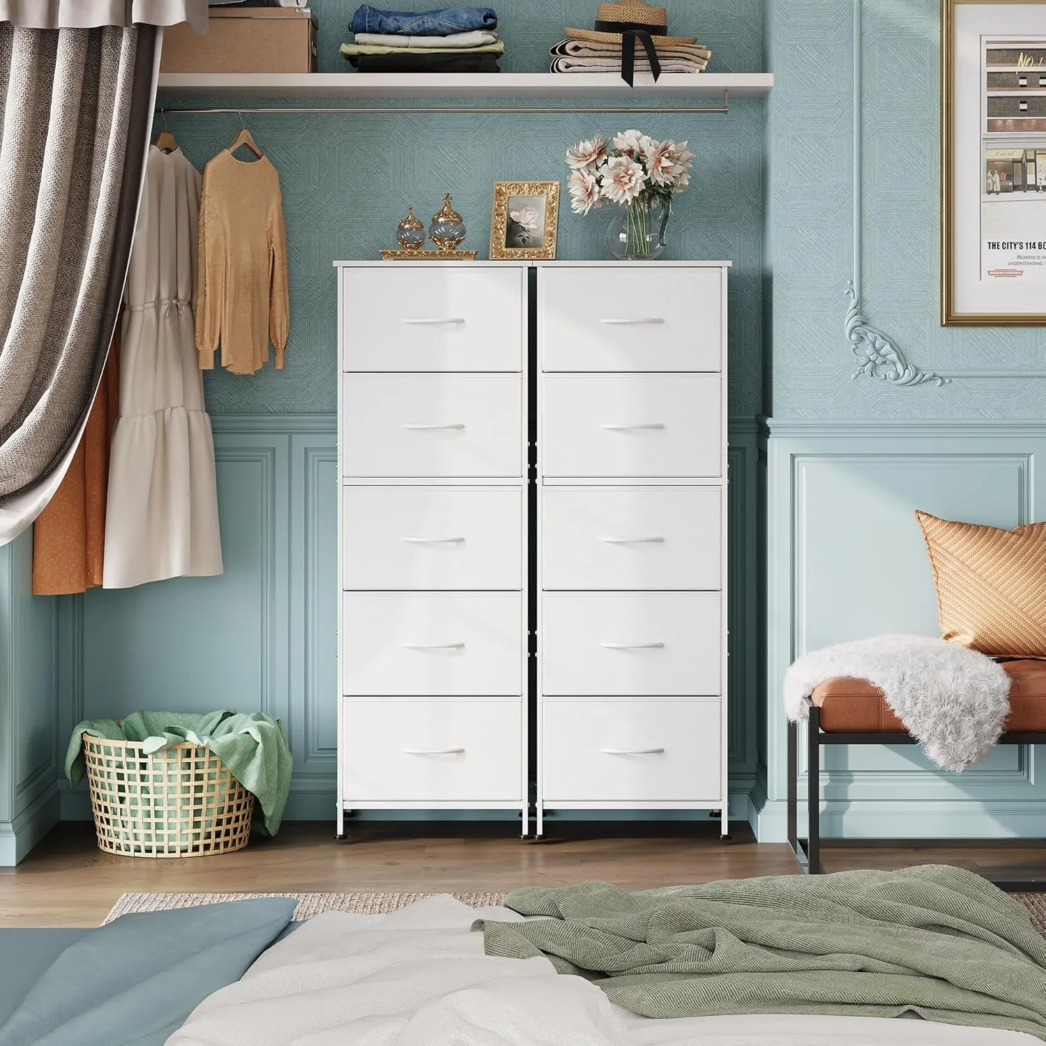 WLIVE Fabric Dresser, 5-Drawer Tall Dresser for Bedroom, Storage Dresser Organizer with Fabric Bins, Wood Top, Sturdy Steel Frame, Chest of Drawers for Closet, Hallway, White