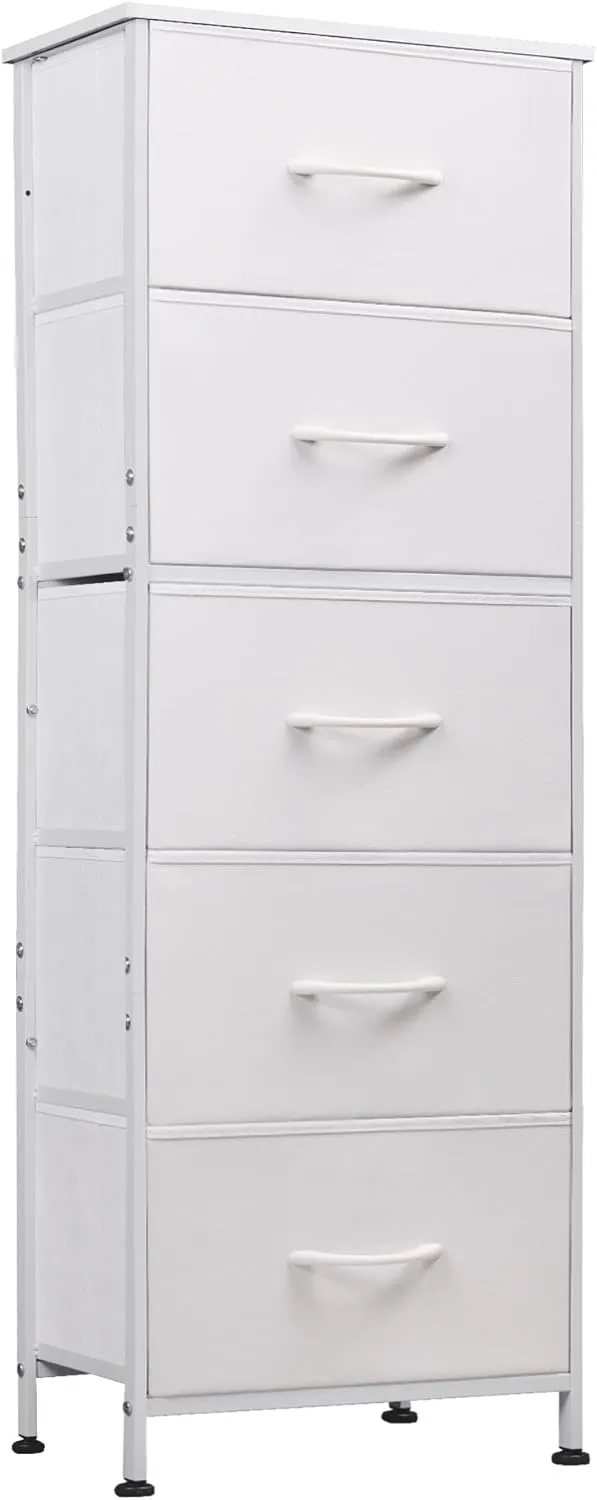 WLIVE Fabric Dresser, 5-Drawer Tall Dresser for Bedroom, Storage Dresser Organizer with Fabric Bins, Wood Top, Sturdy Steel Frame, Chest of Drawers for Closet, Hallway, White