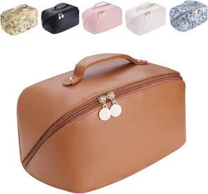 Women's Cosmetic Organizer, Travel Cosmetic Bag, Waterproof PU Leather Toiletry Bag with Handle and Transparent Compartment