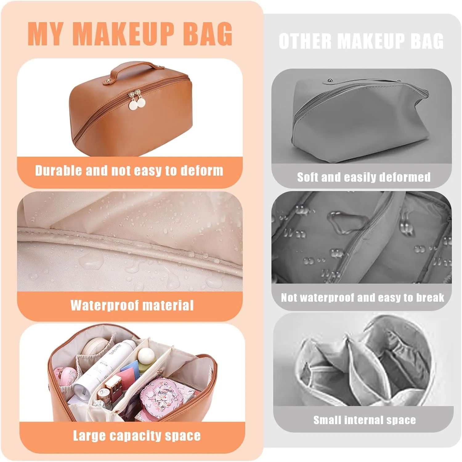 Women's Cosmetic Organizer, Travel Cosmetic Bag, Waterproof PU Leather Toiletry Bag with Handle and Transparent Compartment