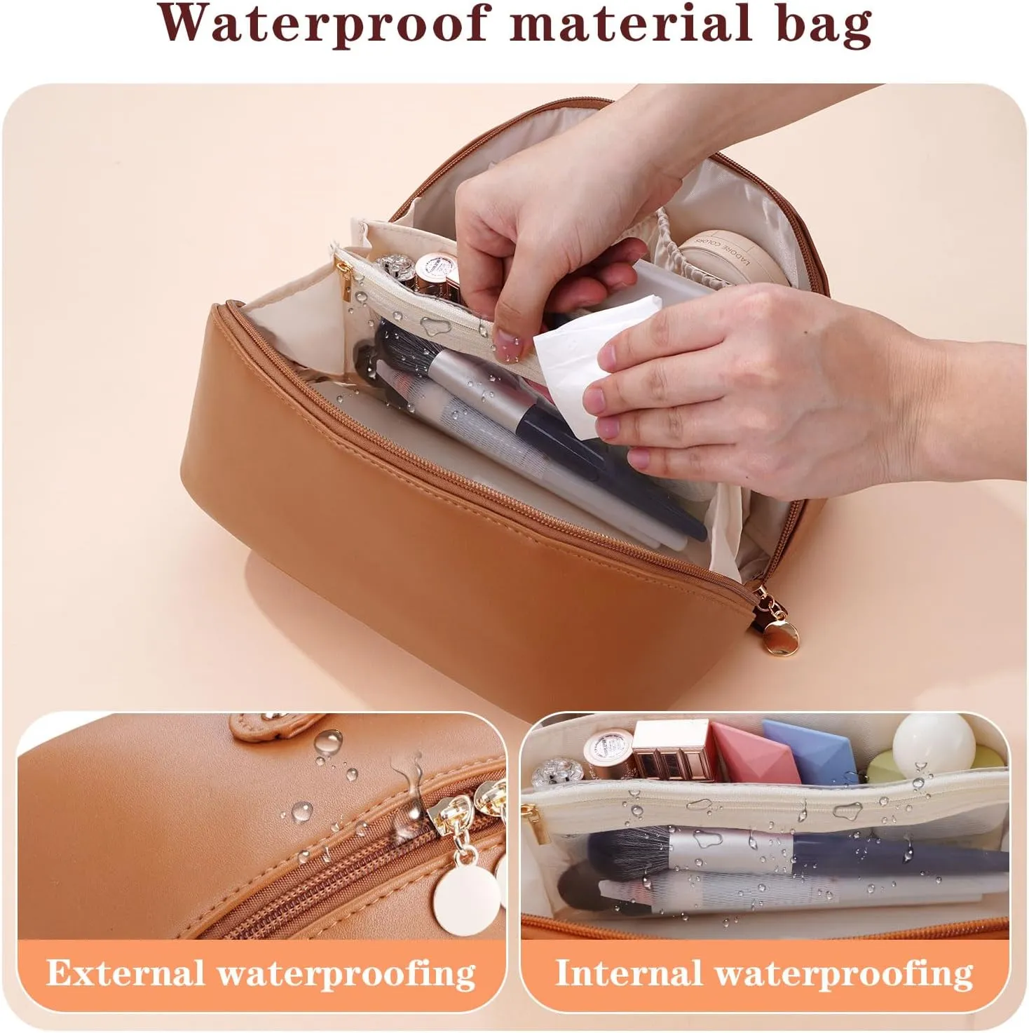 Women's Cosmetic Organizer, Travel Cosmetic Bag, Waterproof PU Leather Toiletry Bag with Handle and Transparent Compartment