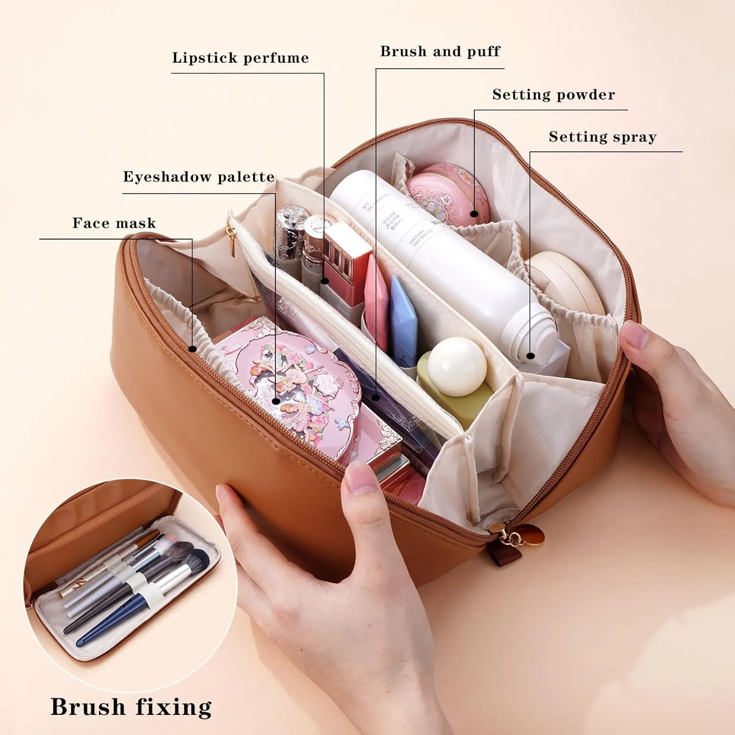 Women's Cosmetic Organizer, Travel Cosmetic Bag, Waterproof PU Leather Toiletry Bag with Handle and Transparent Compartment