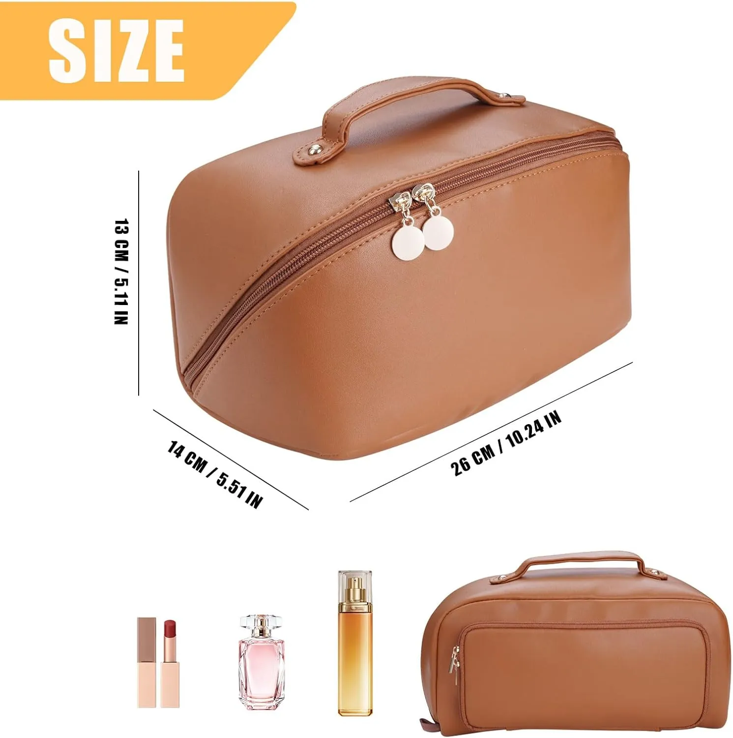 Women's Cosmetic Organizer, Travel Cosmetic Bag, Waterproof PU Leather Toiletry Bag with Handle and Transparent Compartment