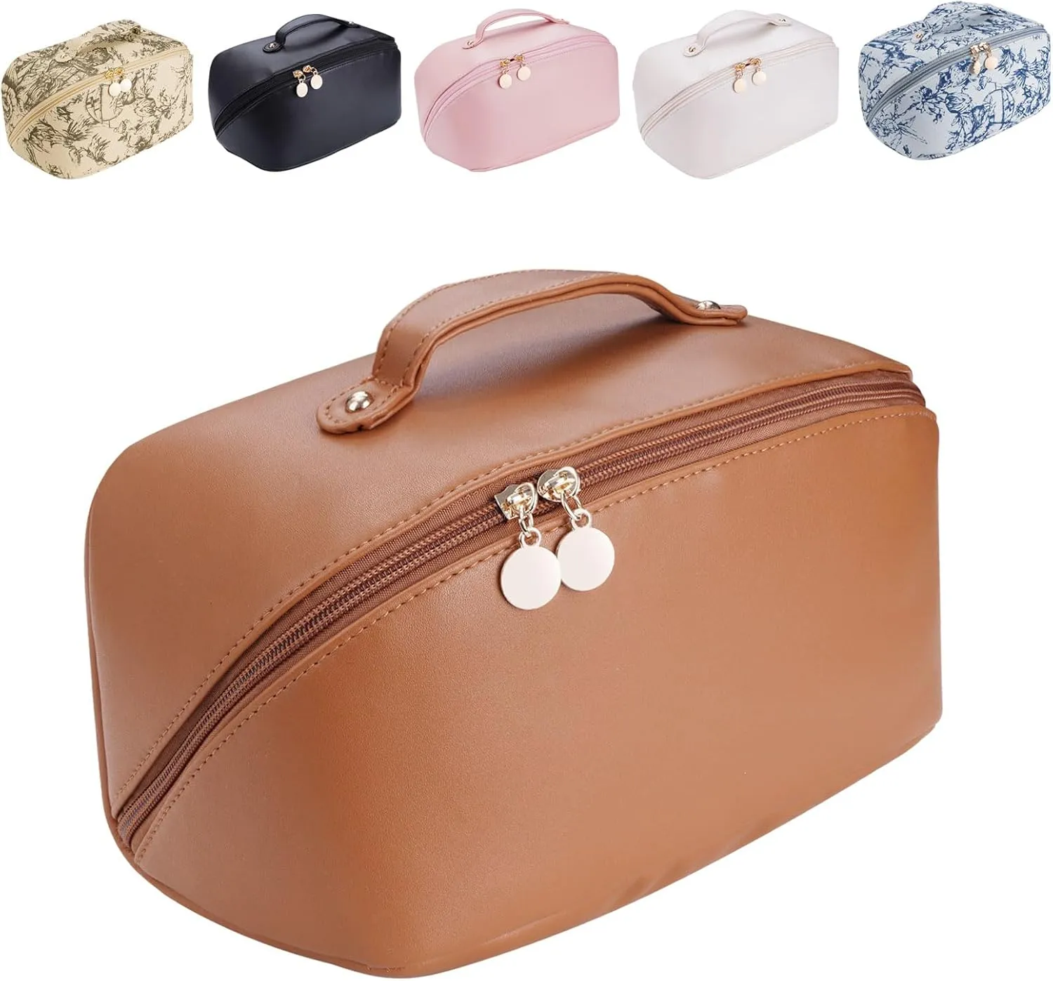 Women's Cosmetic Organizer, Travel Cosmetic Bag, Waterproof PU Leather Toiletry Bag with Handle and Transparent Compartment