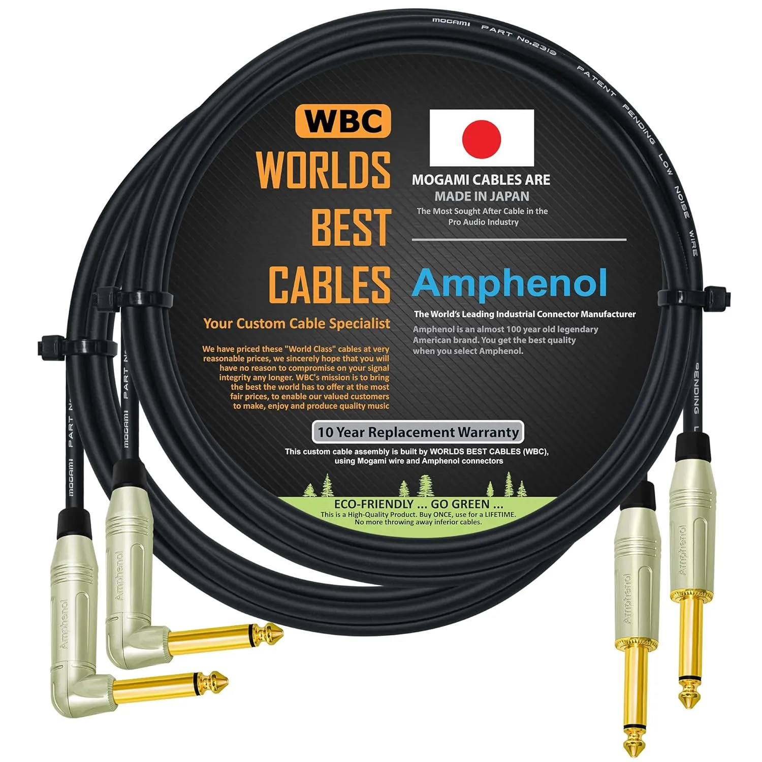 WORLDS BEST CABLES 2 Units - 3 Foot - Pedal, Effects, Patch, Instrument Cable Custom Made Using Mogami 2319 Wire & Amphenol ACPM-RN-AU & ACPM-GN-AU M-Series Angled & Straight Gold TS Plugs