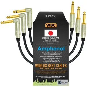 WORLDS BEST CABLES 3 Units - 12 Inch - Pedal, Effects, Patch, Instrument Cable Custom Made Using Mogami 2319 Wire & Amphenol ACPM-RN-AU & ACPM-GN-AU M-Series Angled & Straight Gold TS Plugs