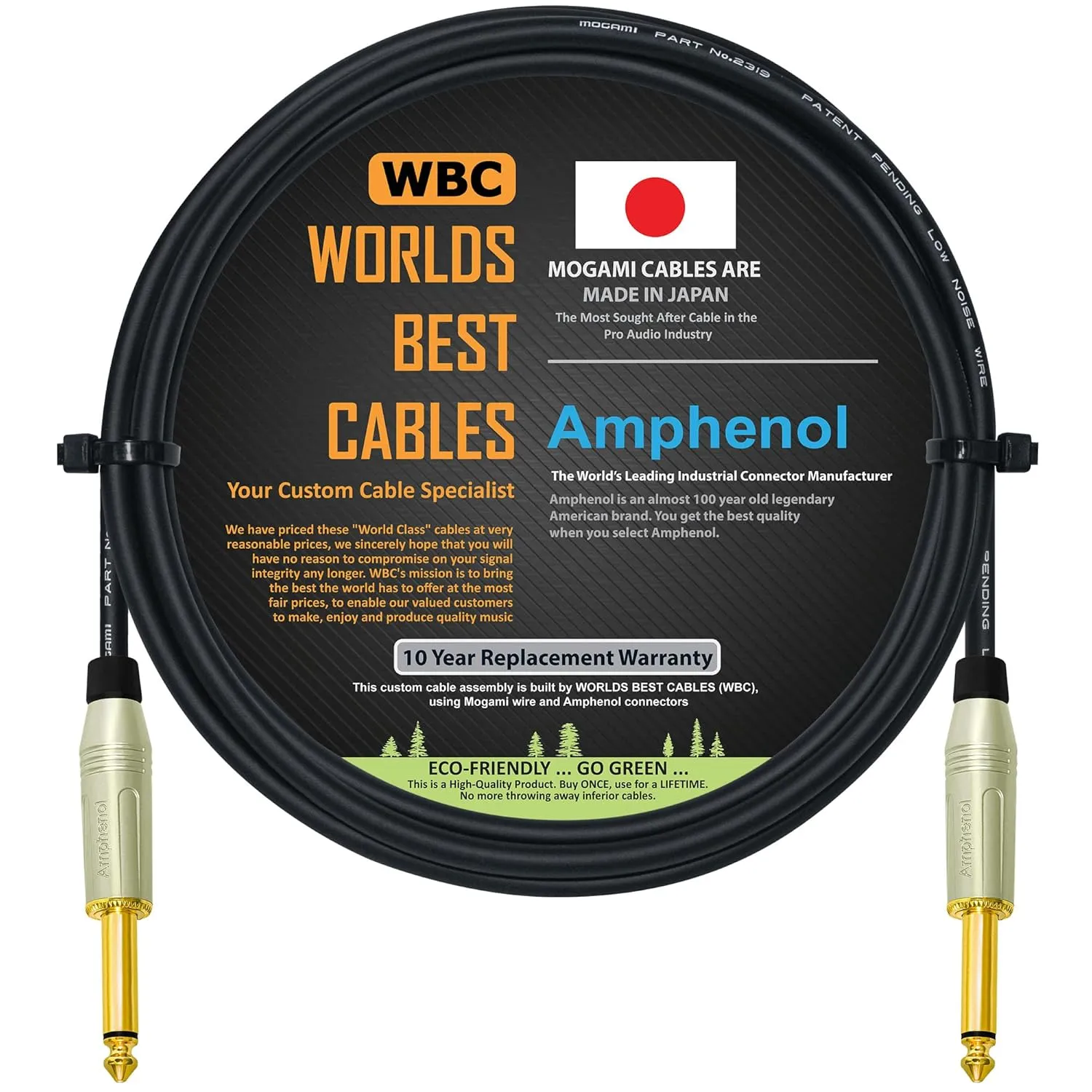 WORLDS BEST CABLES 6 Foot – Pedal, Effects, Patch, Instrument Cable Custom Made Using Mogami 2319 Wire & Amphenol ACPM-GN-AU M-Series Straight Gold TS Plugs