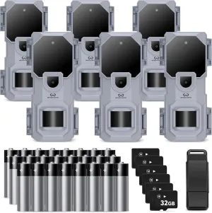 WOSPORTS Trail Camera 6 Pack, 32MP 1080P HD, Deer Camera with 32GB SD Card, Game Cameras with Night Vision Motion Activated Waterproof, Outdoor Wildlife Monitoring Equipment for Hunting