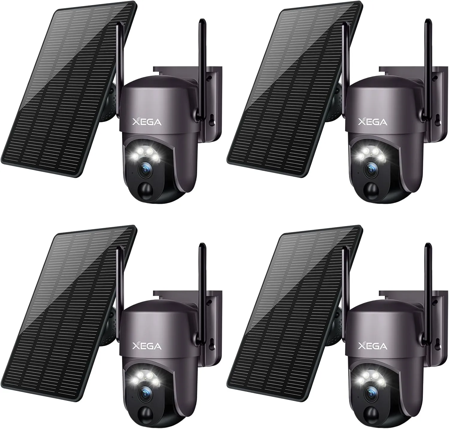 Xega 4 Pack Security Camera Wireless Outdoor 2K 360° PTZ Camera Solar Security Cameras 2.4G WiFi Video Surveillance w/Spotlight & Siren, Color Night Vision, AI Motion Detection, 2-Way Talk, IP66
