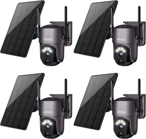 Xega 4 Pack Security Camera Wireless Outdoor 2K 360° PTZ Camera Solar Security Cameras 2.4G WiFi Video Surveillance w/Spotlight & Siren, Color Night Vision, AI Motion Detection, 2-Way Talk, IP66