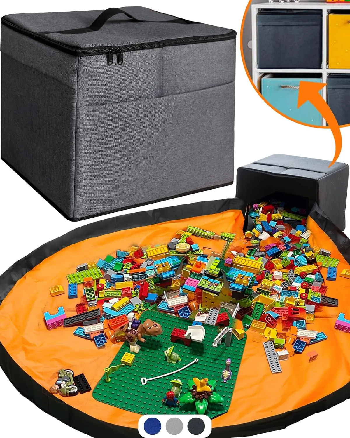 XL Toy Storage Organizer with Play Mat - Storage Bag/Box for Kids, Boys, Girls, Nursery, Playroom - Basket for Building Bricks/Blocks - Collapsible Fabric Cube Bin, 13"x13"x15"