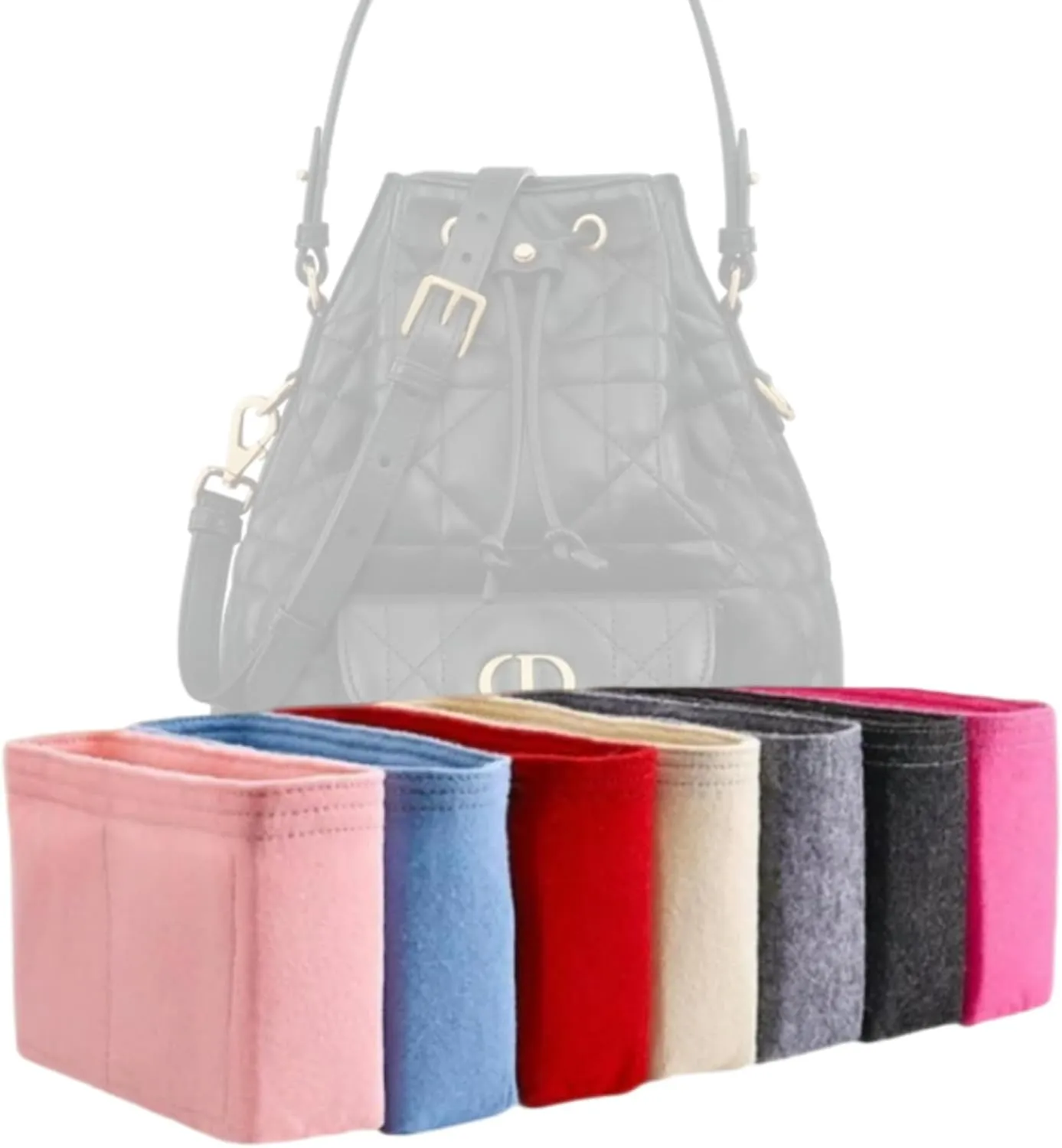 Xoppia Bag Organizer compatible with Dior Small Caro Bucket Bag. Felt Insert Liner for Women Handbag. (Black, Style B: Side Zipper)