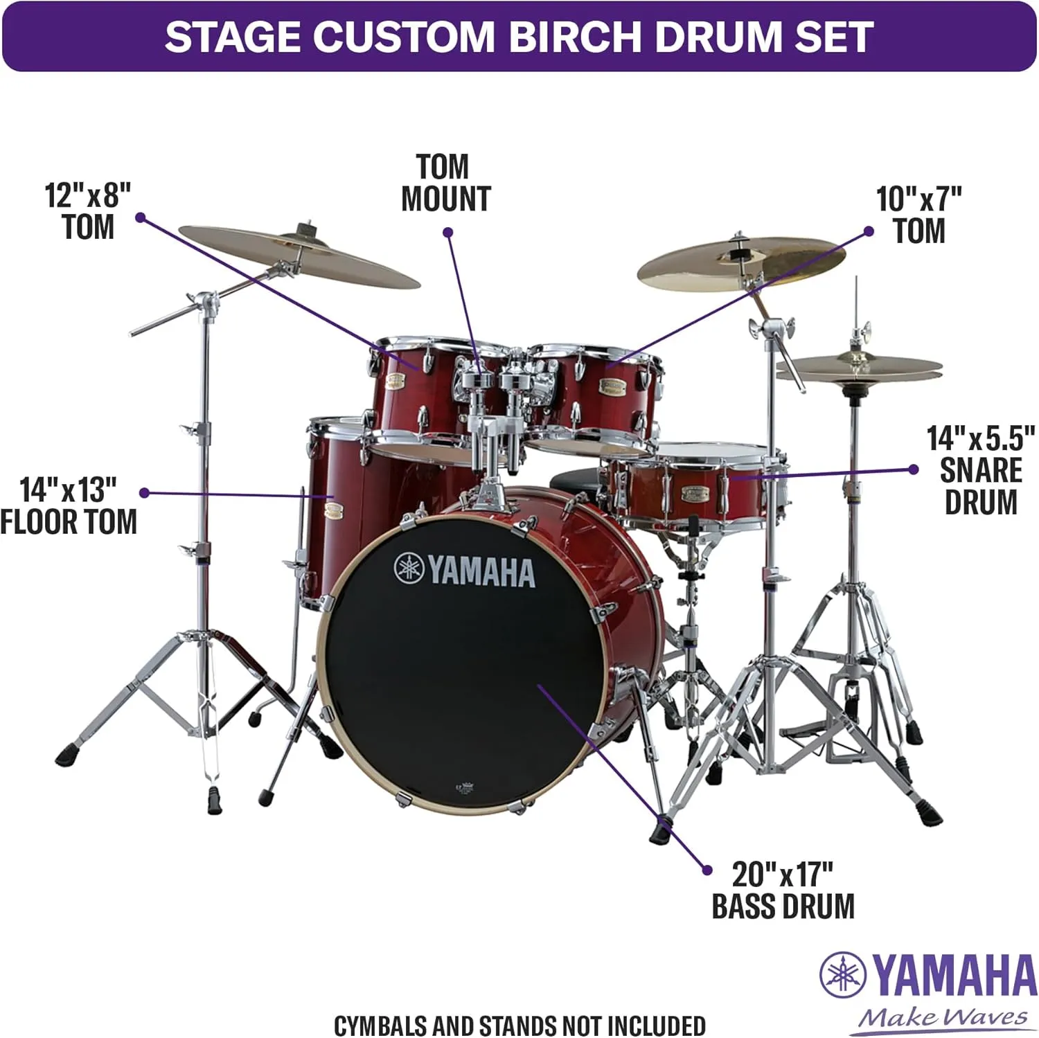 Yamaha 5pc Shell Pack with a 20" Kick 14” Snare Drum in Cranberry Red for Students and Working Drummers, (SBP0F50CR)