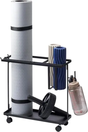Yamazaki Home Tower Rolling Slim Fitness Rack With Adjustable Holder, Casters, Hooks For Gear Organization - Steel