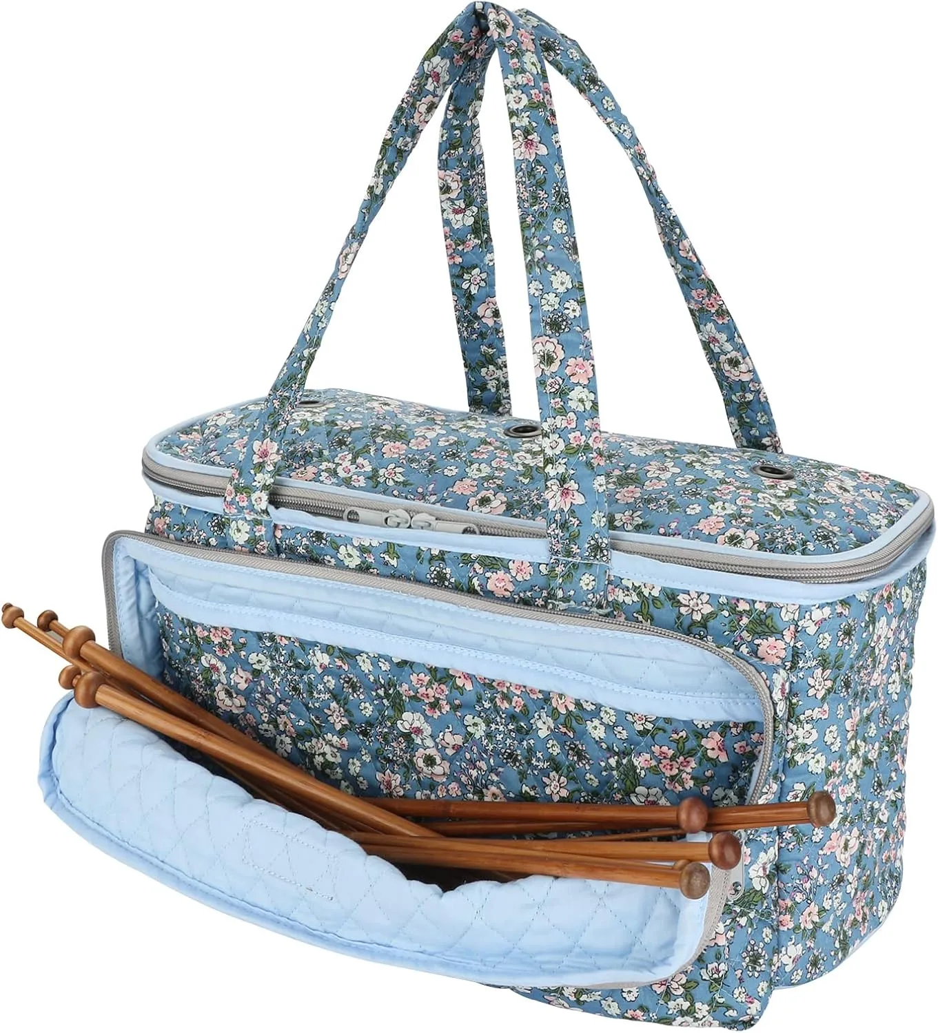 Yarn Bag-Large Size-Yarn Storage Organizer with Grommets-Portable Crochet Bag for Yarn Skeins-Crochet Hooks-Knitting Needles -Other Accessories (Flower-Blue)