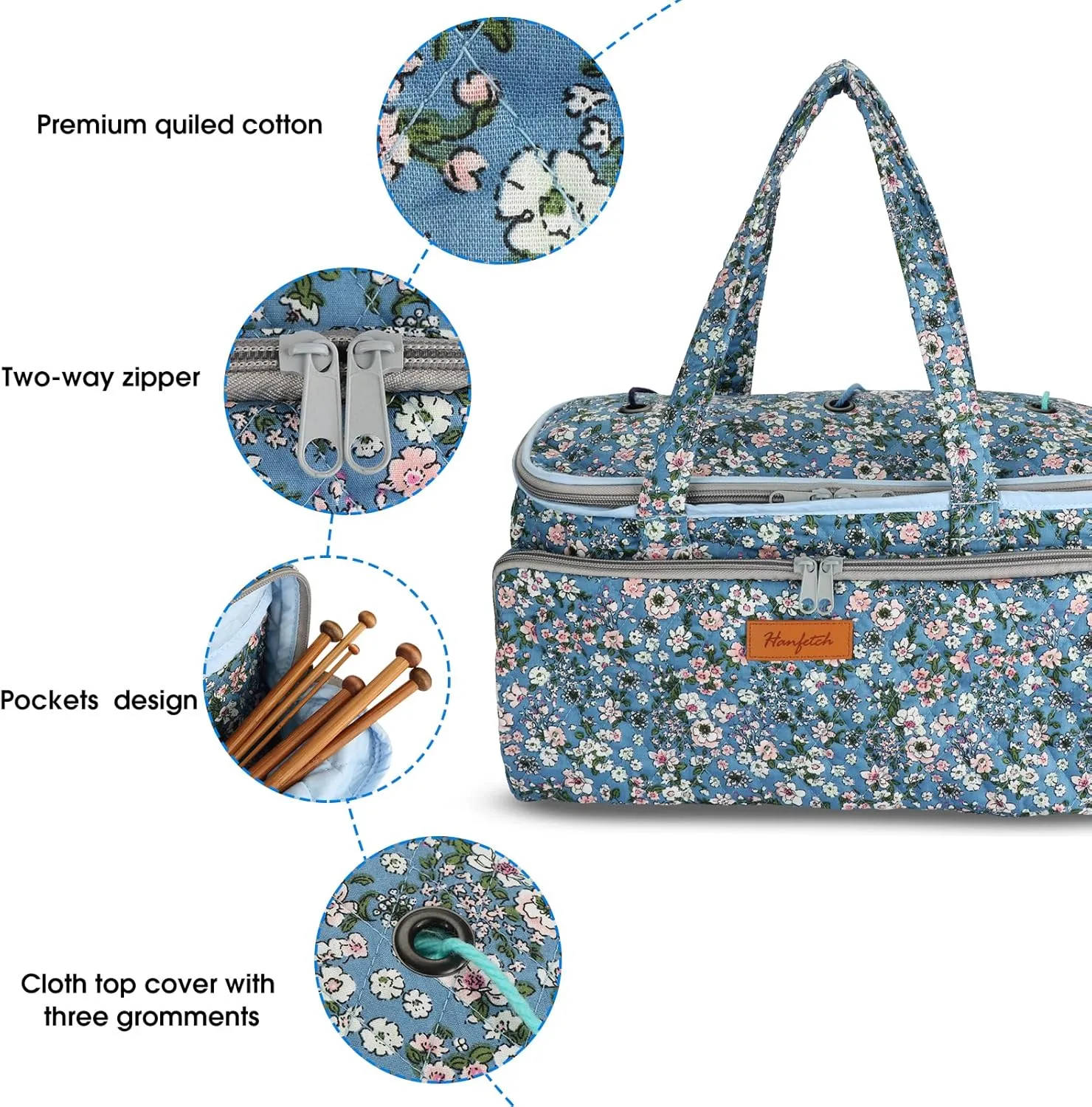 Yarn Bag-Large Size-Yarn Storage Organizer with Grommets-Portable Crochet Bag for Yarn Skeins-Crochet Hooks-Knitting Needles -Other Accessories (Flower-Blue)