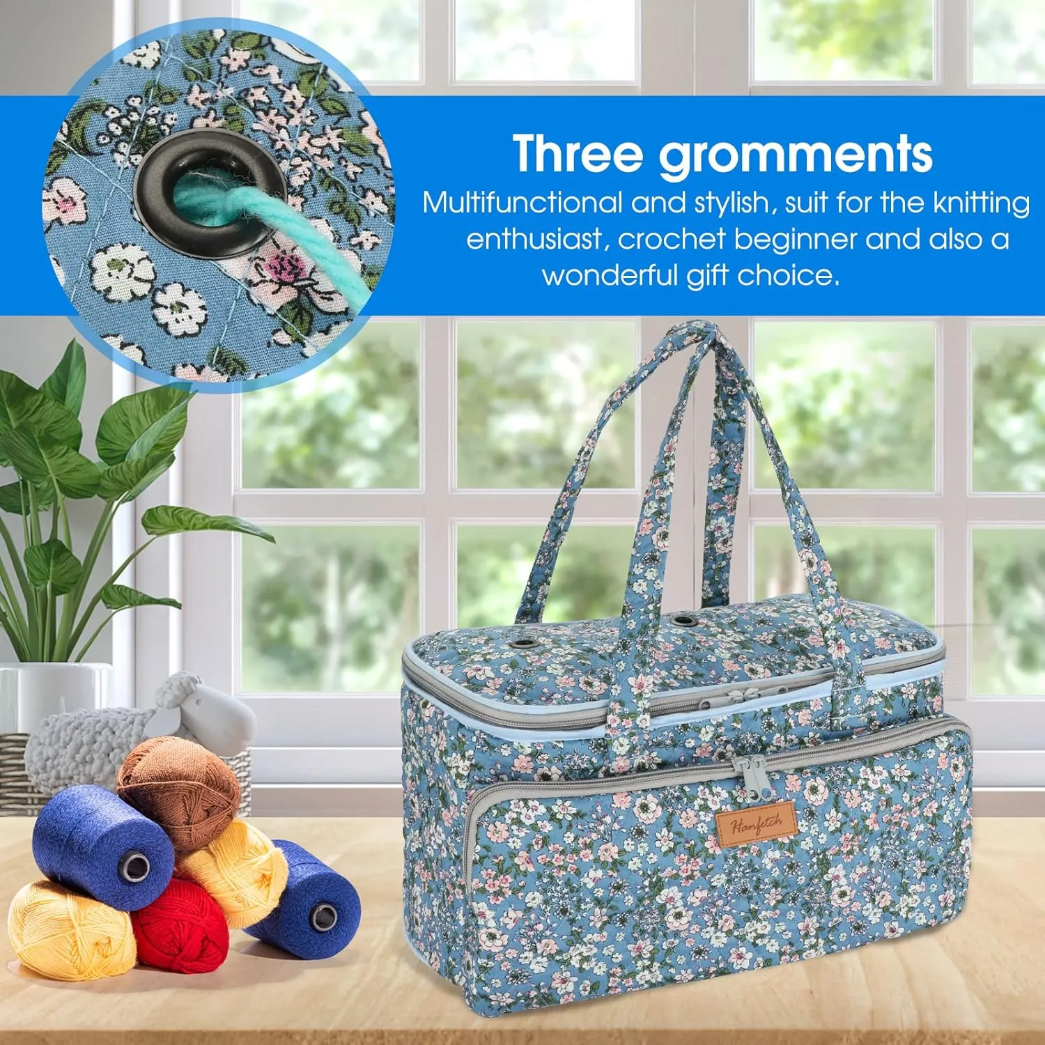 Yarn Bag-Large Size-Yarn Storage Organizer with Grommets-Portable Crochet Bag for Yarn Skeins-Crochet Hooks-Knitting Needles -Other Accessories (Flower-Blue)