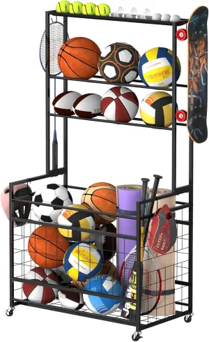 YBING Garage Sports Equipment Organizer, Garage Ball Storage for Sports Gear and Toys, Rolling Ball Storage Rack with Wheels, Baskets, Hooks for Gym, Indoor, Outdoor
