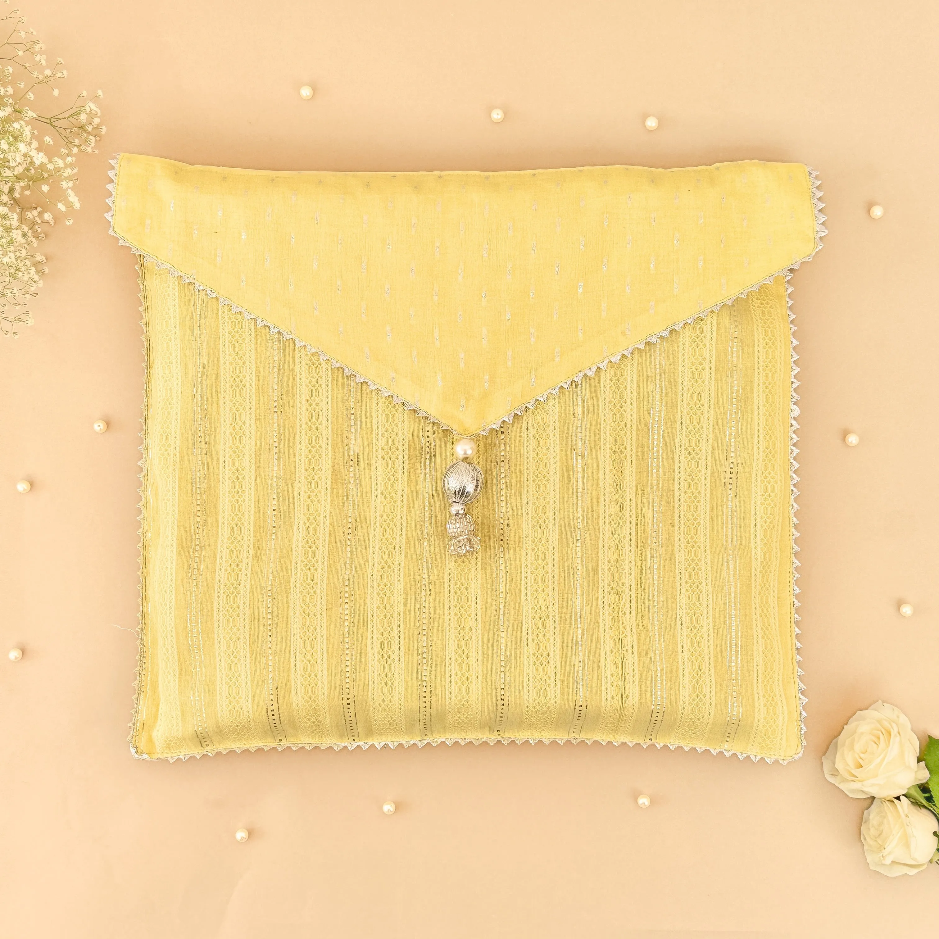 Yellow & Silver Striped Saree/Stole Cases