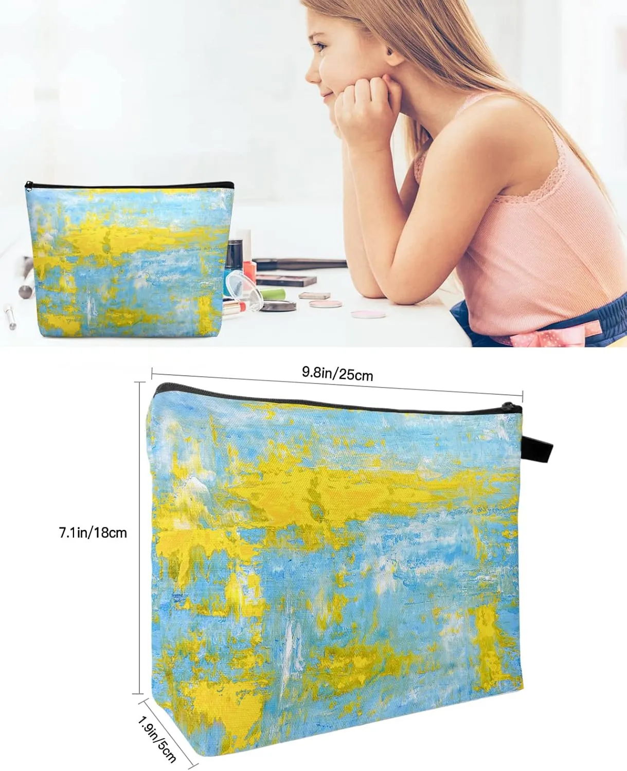 Yellow Blue Abstract Art Modern Cosmetic Bags for Women, Oil Painting Smear Graffiti Small Makeup Bag for Purse, Waterproof Travel Toiletry Bag Accessories Organizer, 2PCS