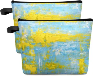 Yellow Blue Abstract Art Modern Cosmetic Bags for Women, Oil Painting Smear Graffiti Small Makeup Bag for Purse, Waterproof Travel Toiletry Bag Accessories Organizer, 2PCS
