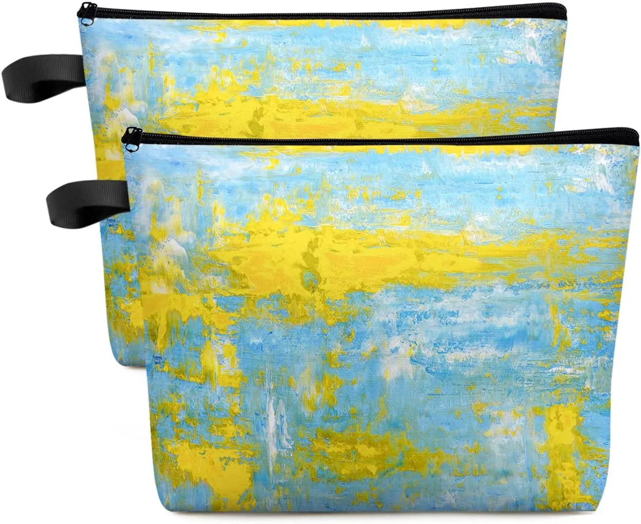 Yellow Blue Abstract Art Modern Cosmetic Bags for Women, Oil Painting Smear Graffiti Small Makeup Bag for Purse, Waterproof Travel Toiletry Bag Accessories Organizer, 2PCS