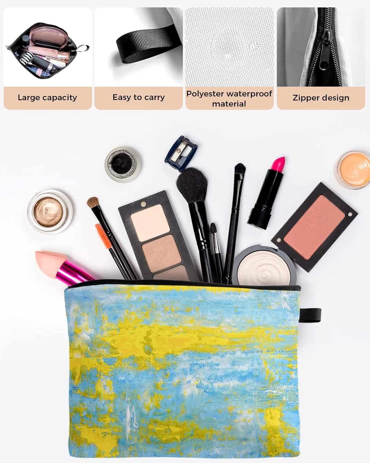 Yellow Blue Abstract Art Modern Cosmetic Bags for Women, Oil Painting Smear Graffiti Small Makeup Bag for Purse, Waterproof Travel Toiletry Bag Accessories Organizer, 2PCS