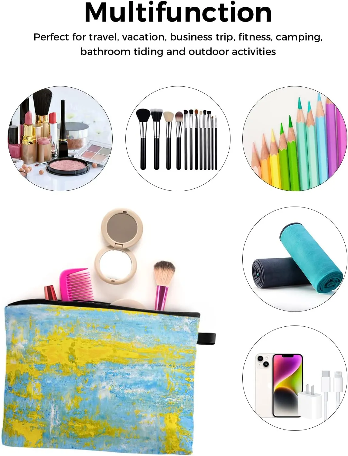 Yellow Blue Abstract Art Modern Cosmetic Bags for Women, Oil Painting Smear Graffiti Small Makeup Bag for Purse, Waterproof Travel Toiletry Bag Accessories Organizer, 2PCS
