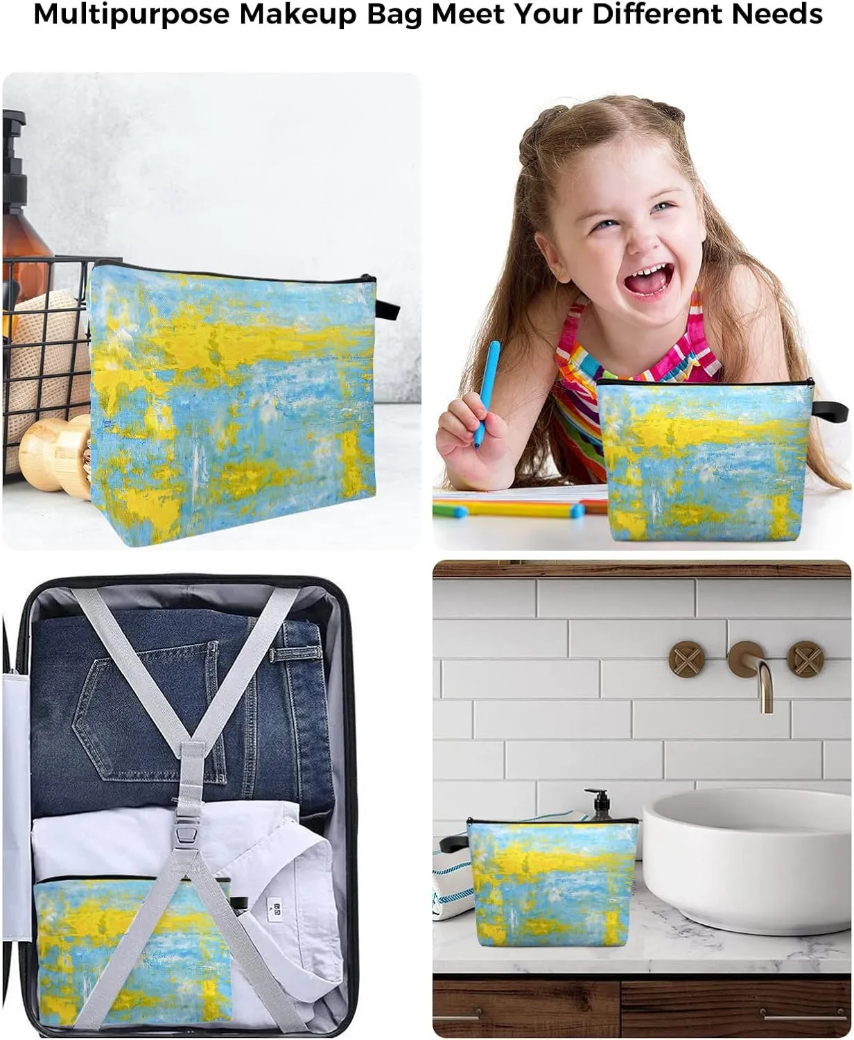 Yellow Blue Abstract Art Modern Cosmetic Bags for Women, Oil Painting Smear Graffiti Small Makeup Bag for Purse, Waterproof Travel Toiletry Bag Accessories Organizer, 2PCS
